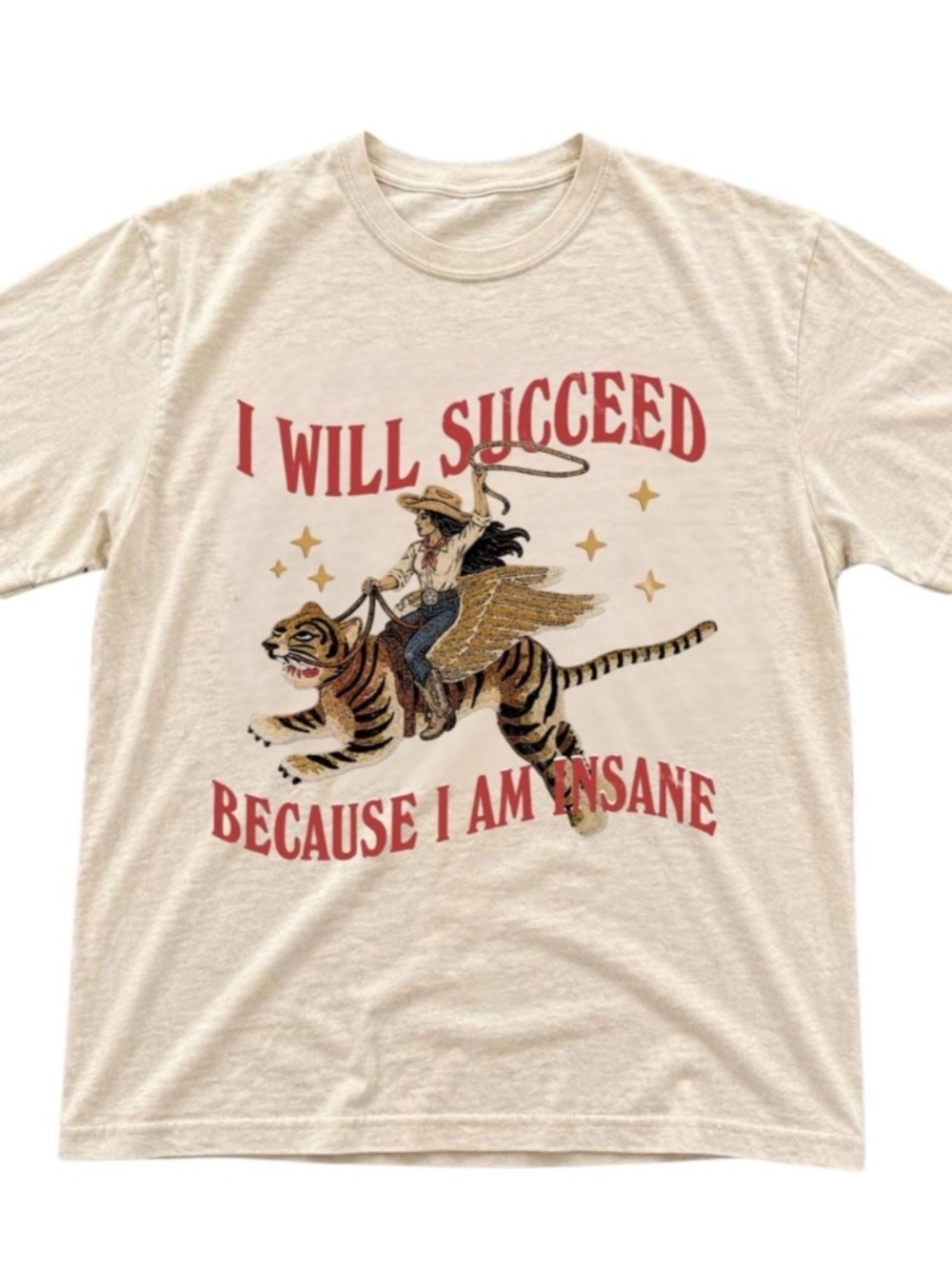 Cream Cowgirl Western Graphic Tee with Red Text and Multicolor Illustration